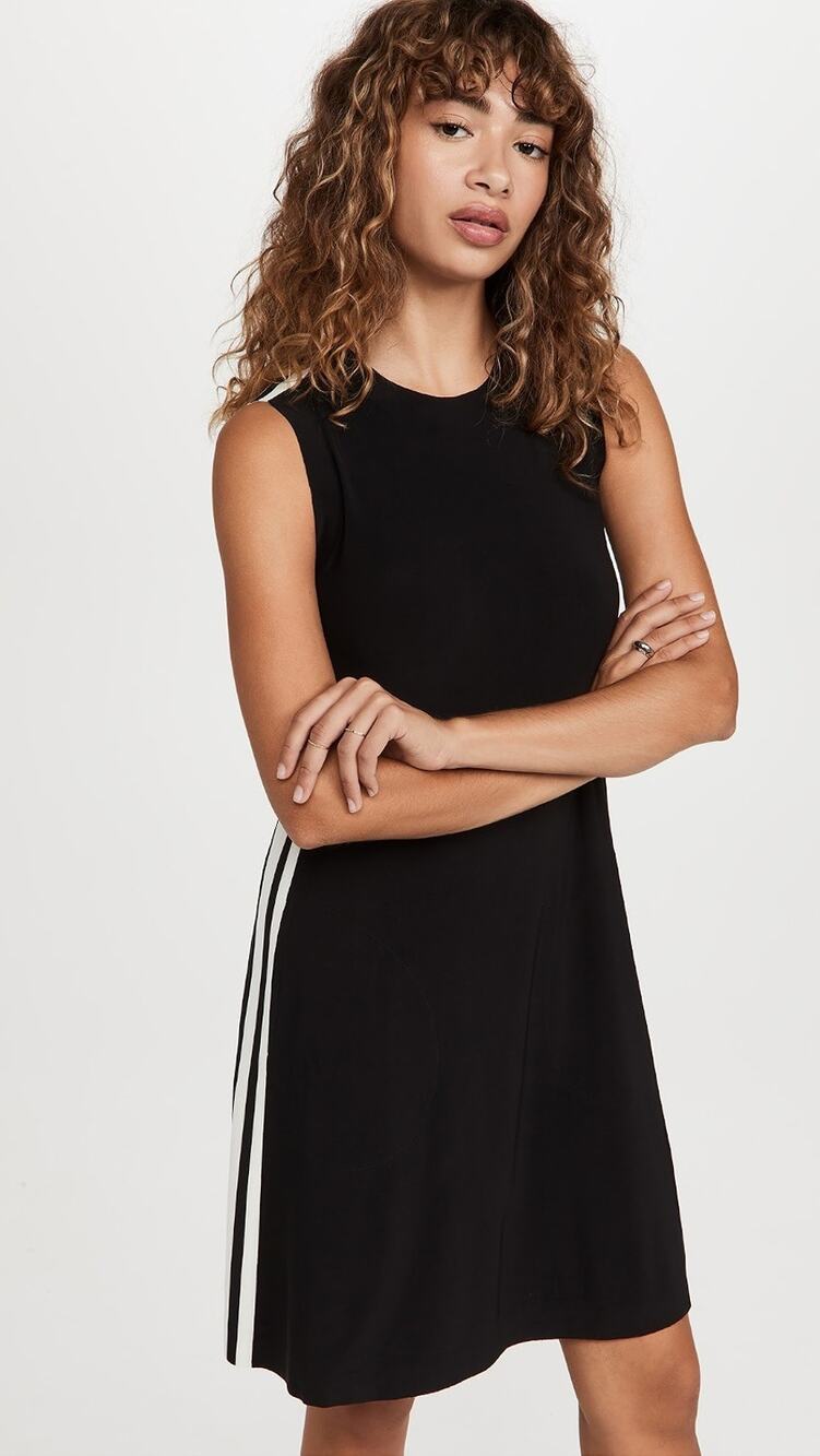 Norma Kamali Dress Small Side Stripe Sleeveless Swing Black White